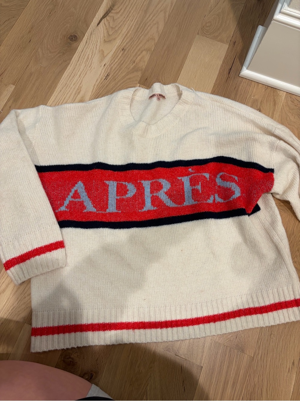 Cream Crewneck Sweater with Red Contrast Stripe